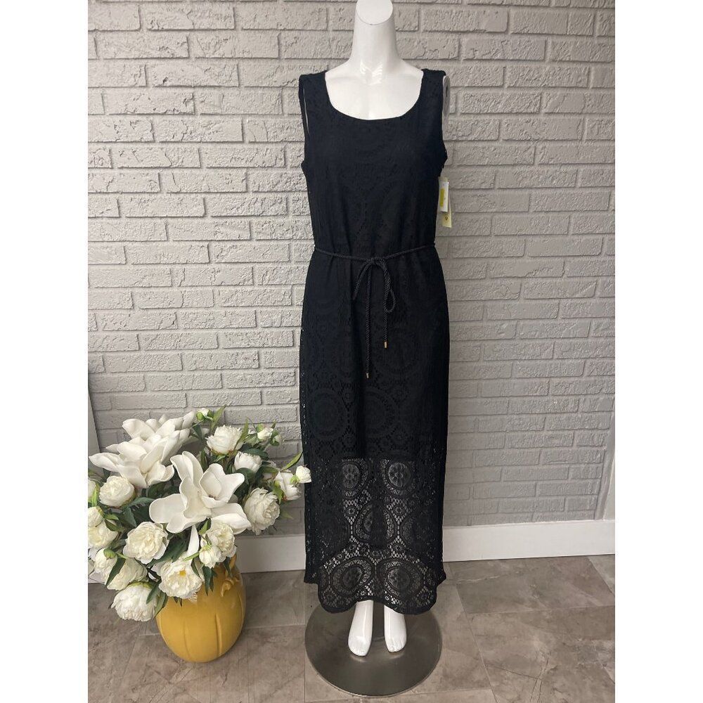 Tacera Women's Black Sleeveless Lace Overlay Maxi Dress Size M NWT